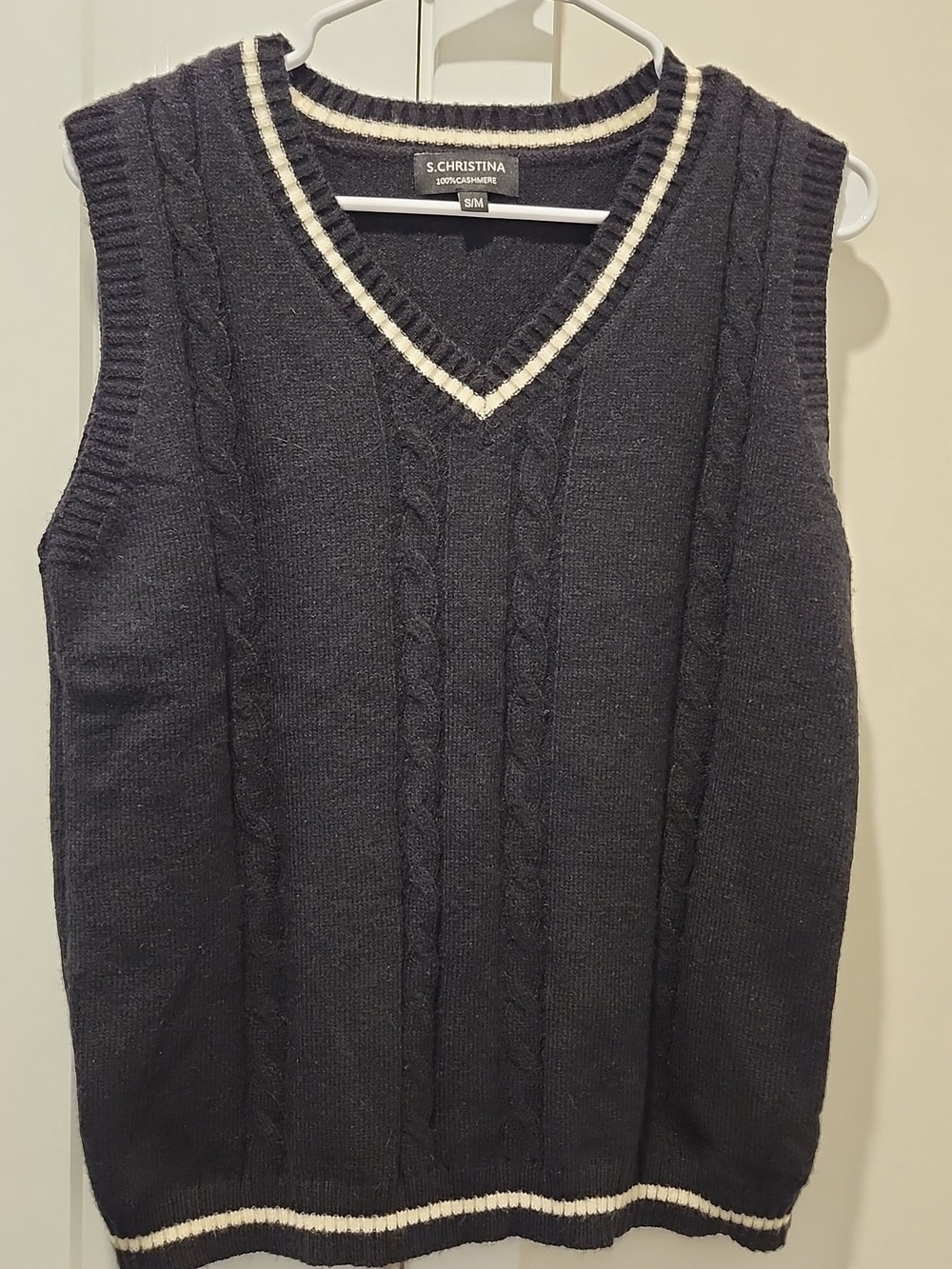 S. Christina Black & White Cable Knit V-Neck Sweater Vest with Cream Trim